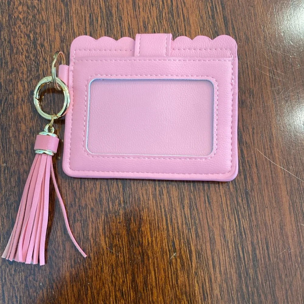 Pink ID Identification Card Holder Wallet Removable Tassel Keychain Bag Charm